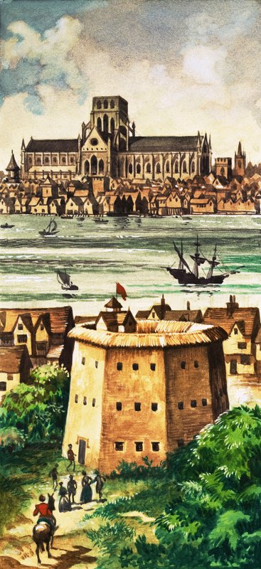 O exterior do Globe Theatre pelo rio em Bankside de Peter Jackson