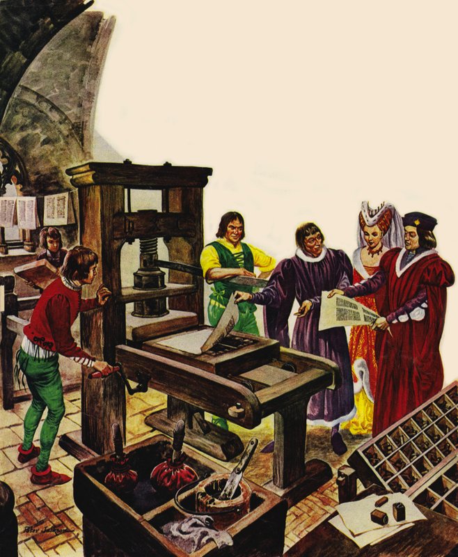 William Caxton exibe sua prensa para o rei Edward IV e sua rainha, Elizabeth de Peter Jackson