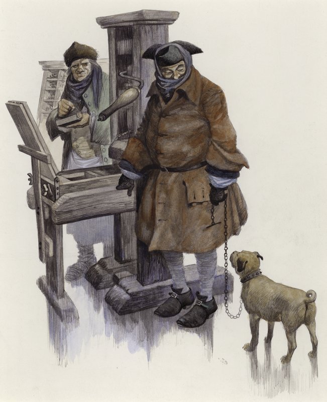 William Hogarth, em 16 de fevereiro de 1740, na Frost Fair, no rio Tâmisa de Peter Jackson