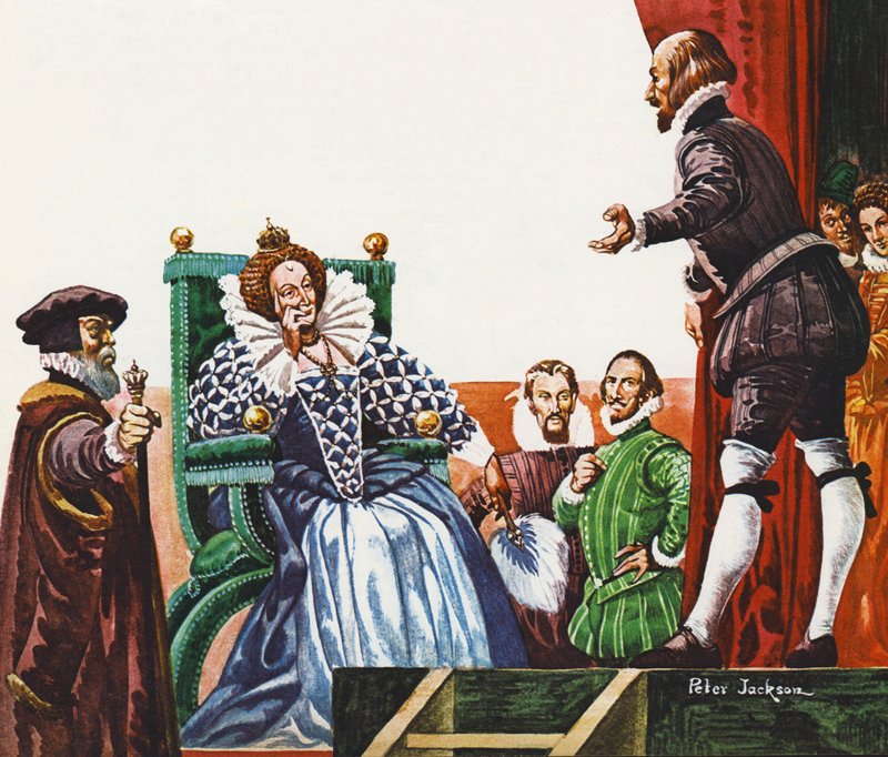 William Shakespeare apresentando uma de suas peças para a rainha Elizabeth I de Peter Jackson
