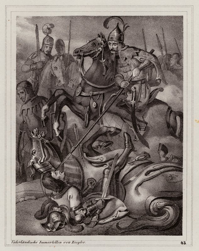 Morte de Frederico II da Áustria na batalha do rio Leitha de Peter Johann Nepomuk Geiger