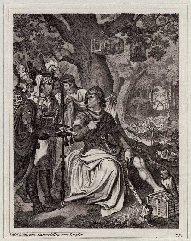 Henrique, o Fowler, recebe a notícia de que é rei da França Oriental, 919 (gravura) de Peter Johann Nepomuk Geiger