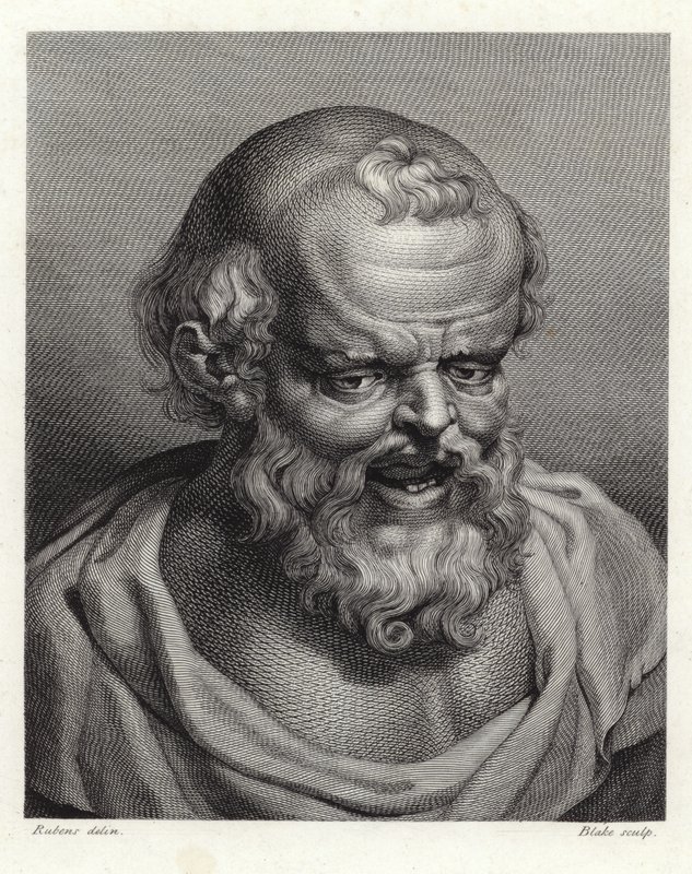 Retrato, de, antiga, grego, filósofo, Democritus, (stipple, engraving) de Peter Paul Rubens
