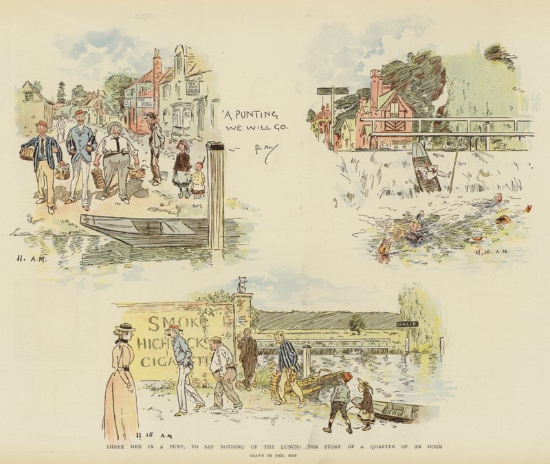 Três homens em um punt, para não dizer nada do almoço, a história de um quarto de hora (chromolitho) de Phil May