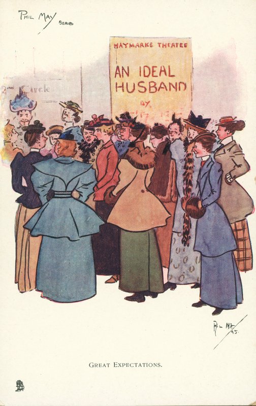 Mulheres reunidas fora de um teatro para ver uma produção de Um Marido Ideal (cor litho) de Phil May