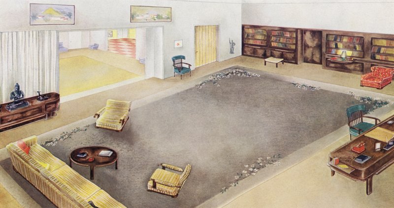 interiores dos anos 30: Sala de estar e estudo (cor litho) de Philip Alexius de (after) Laszlo
