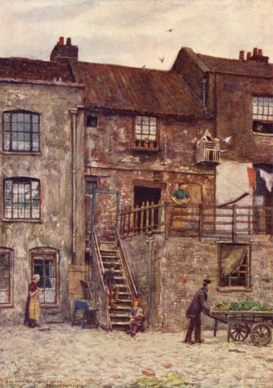 Casas antigas, pátio interior de White Hart Inn, Southwark, 1884 de Philip Norman