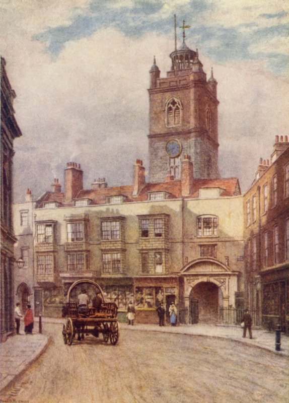 Torre da Igreja de St Giles, Cripplegate e Old Houses em Fore Street, 1884 de Philip Norman