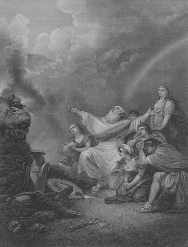 Sacrifício de Noé, Génesis 8, Verso 20-22 (gravura) de Philippe de (after) Loutherbourg