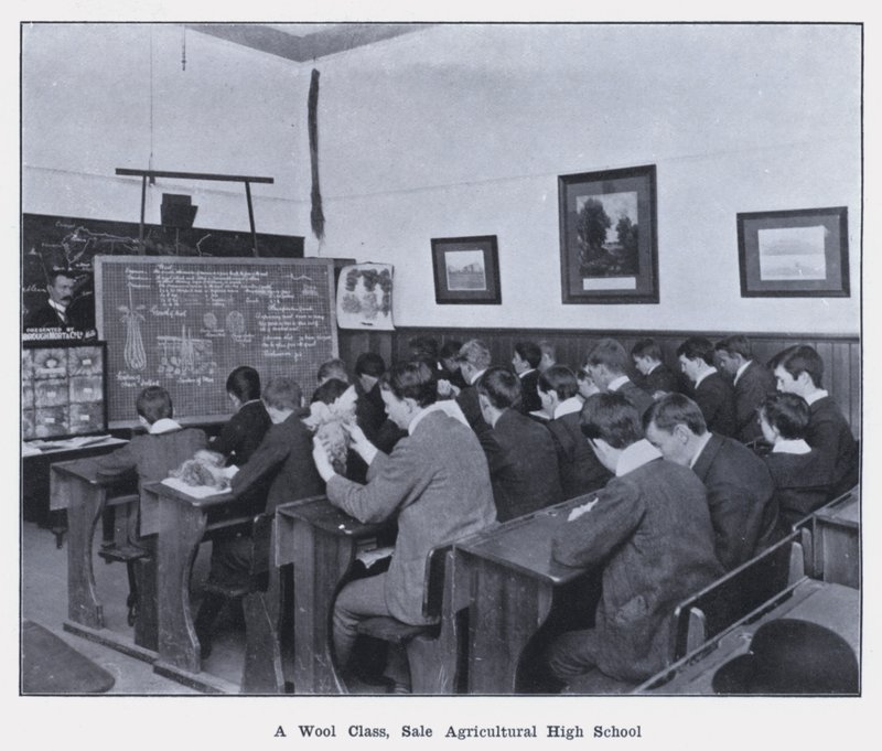 Aula de Lã, Venda Escola Secundária Agrícola (foto a p/b) de Photographer Australian