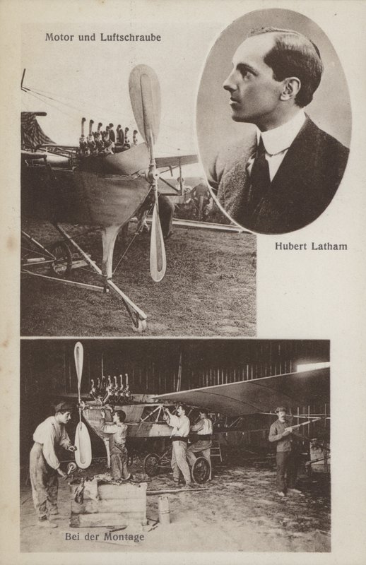 O aviador francês Hubert Latham e seu avião (foto a p/b) de Photographer German
