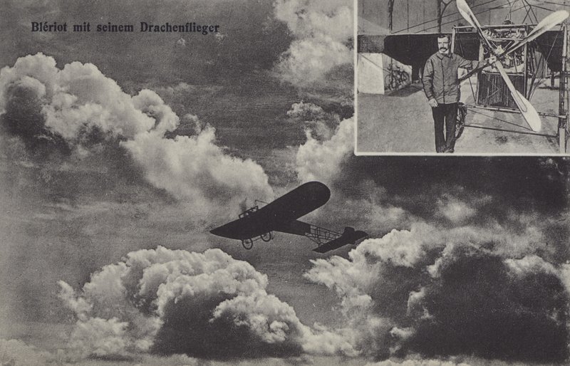 O aviador francês Louis Bleriot e o seu monoplano (foto a p/b) de Photographer German