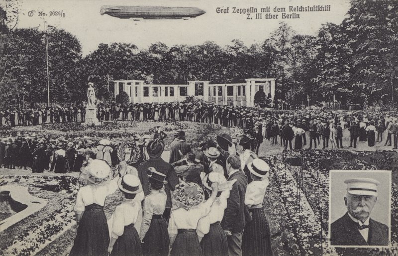 Graf Ferdinand von Zeppelin, e seu dirigível LZ III sobre Berlim (foto a p-b) de Photographer German