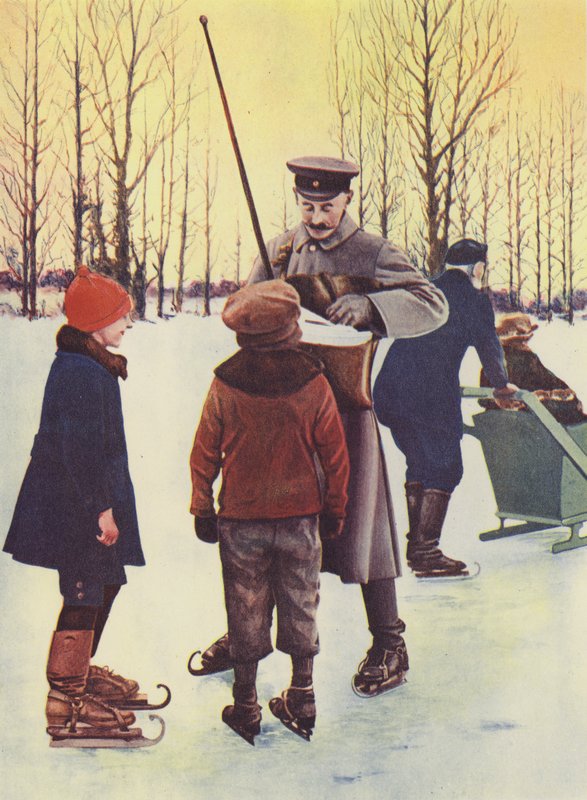 No inverno, este carteiro alemão faz a sua ronda de patins (fotografia a cores) de Photographer German