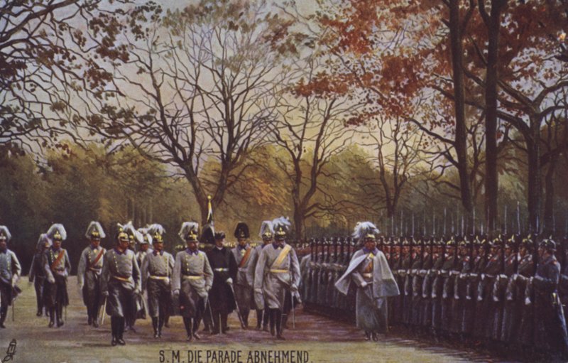 Kaiser Wilhelm II inspecionando soldados alemães no desfile (foto colorida) de Photographer German