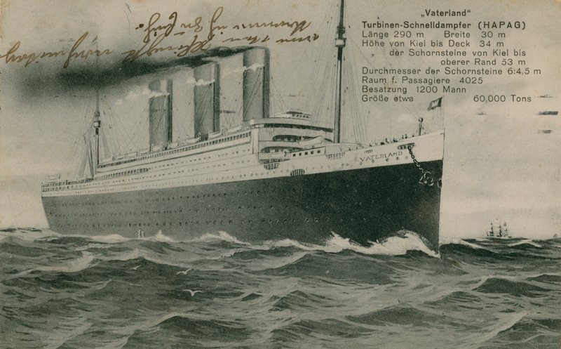 O transatlântico alemão, Vaterland. Cartão postal enviado em 1913. de Photographer German