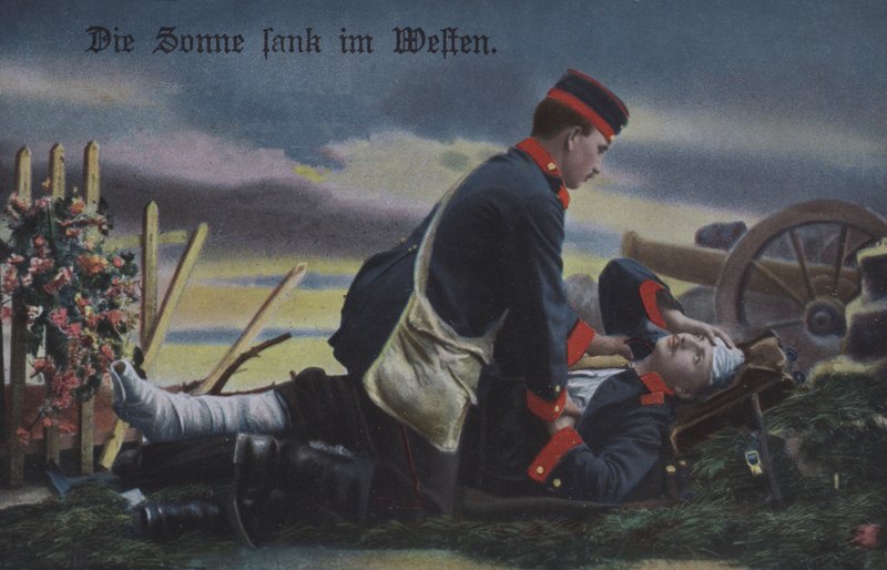 O Sol põe-se no Oeste: um soldado alemão a consolar o seu camarada moribundo no campo de batalha (foto a cores) de Photographer German