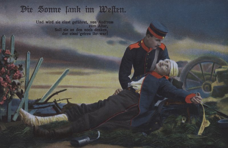 O Sol põe-se no Oeste: um soldado alemão a consolar o seu camarada moribundo no campo de batalha (foto a cores) de Photographer German