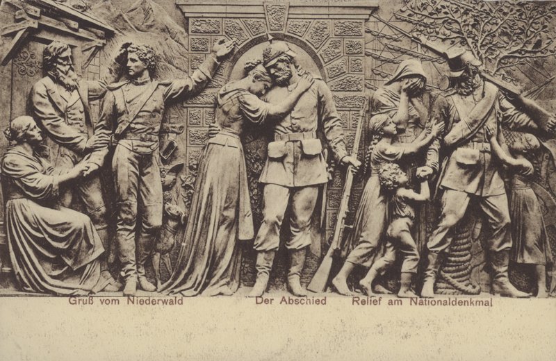 O adeus, relevo sobre o Nationaldenkmal, monumento comemorativo da unificação da Alemanha, Rudesheim am Rhein, Hesse (foto a p/b) de Photographer German