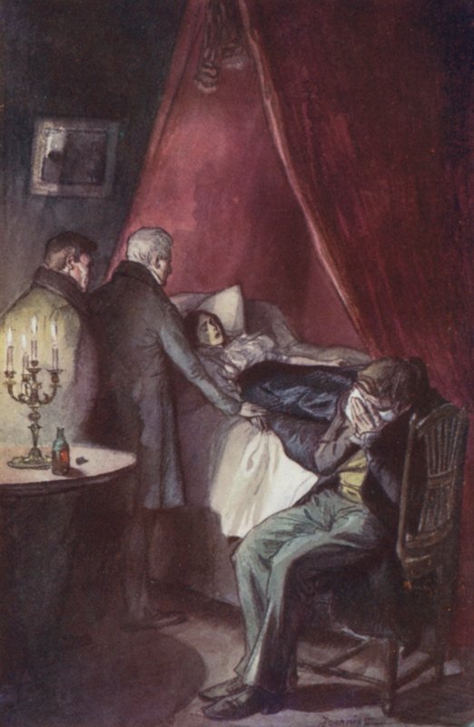 Emma, com o queixo afundado no seio, deitada com os olhos abertos e fixos de Pierre Georges Jeanniot