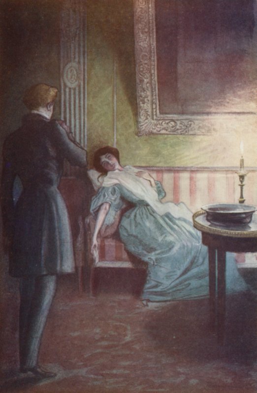 Ela deitou em um grande sofá, uma mão em seu coração, a outra pendurada ao lado dela de Pierre Georges Jeanniot