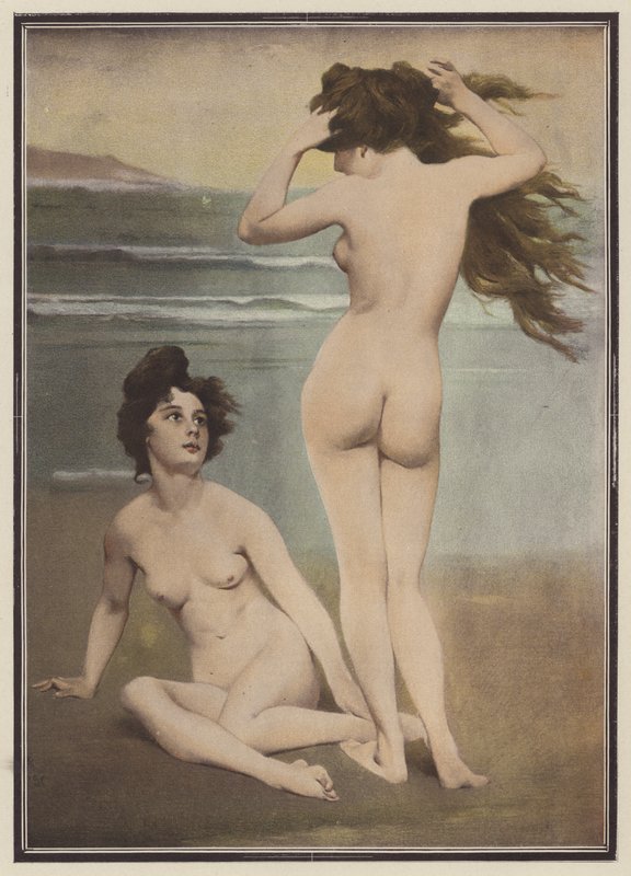 Mulheres que tomam banho (cor litho) de Pierre Carrier Belleuse