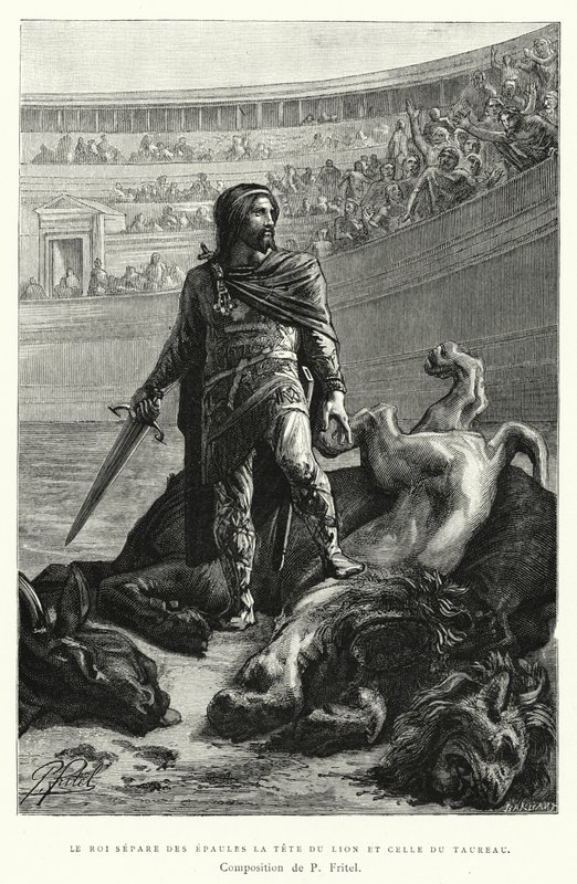 O Rei Separe Des Epaules La Tete Du Lion Et celle Du Taureau (gravura) de Pierre Fritel