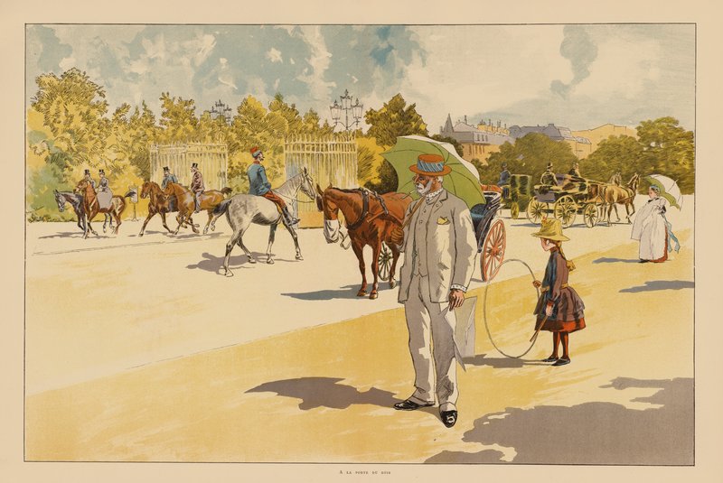 No portão do Bois de Boulogne, Paris (litografia a cores) de Pierre Georges Jeanniot