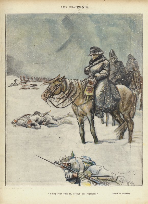 Napoelon no retiro de Moscou, ilustração para Le Rire de Pierre Georges Jeanniot