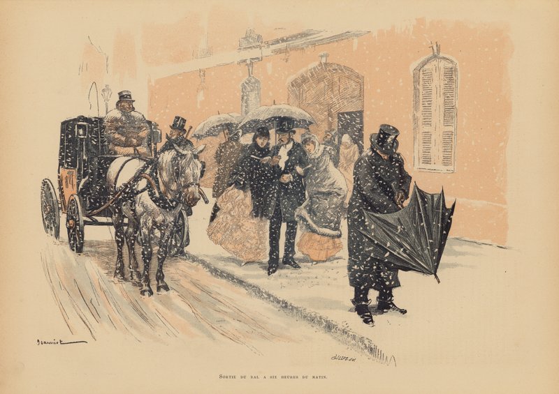 Parisienses a saírem de um baile às seis horas da manhã (litografia a cores) de Pierre Georges Jeanniot