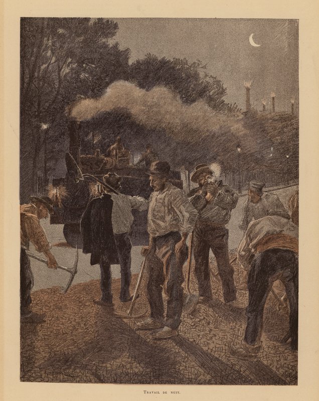 Obras na estrada em Paris à noite (litografia a cores) de Pierre Georges Jeanniot