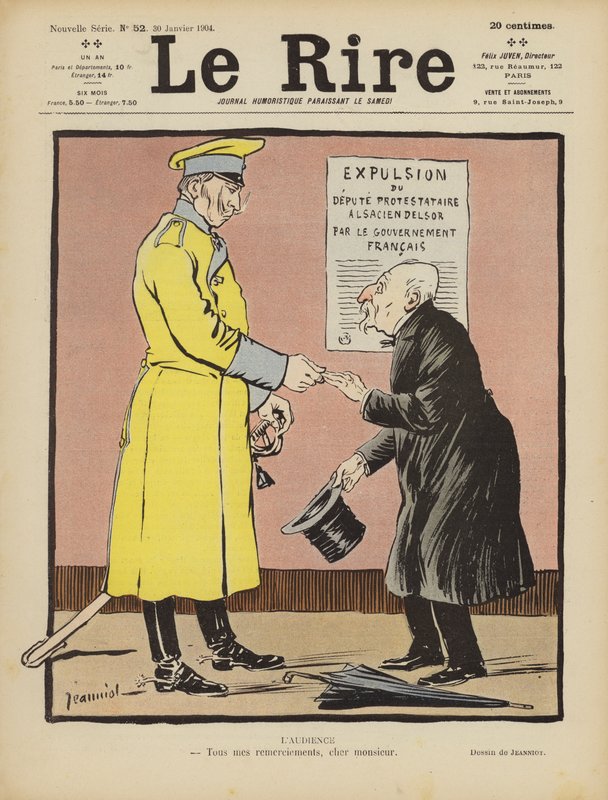Sátira sobre Frances abandono da Alsácia para a Alemanha. Ilustração para Le Rire de Pierre Georges Jeanniot