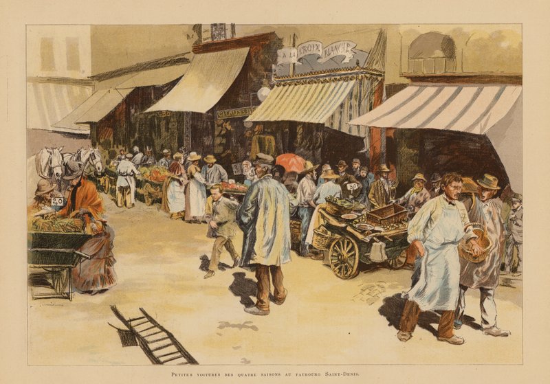 Os marchands de quatre saisons na Rue du Faubourg Saint-Denis, Paris (litografia a cores) de Pierre Georges Jeanniot