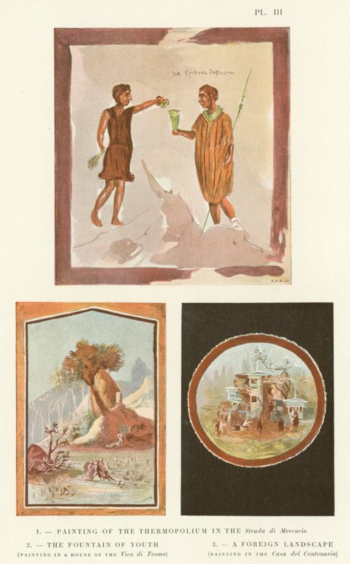 Pintura do Termopólio na Strada di Mercurio, A Fonte da Juventude, Uma Paisagem Estrangeira (cor litho) de Pierre Gusman