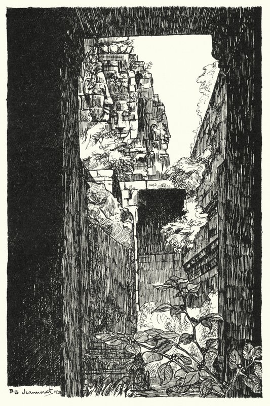 No Bayon, vislumbrar através de um telhado caído (gravura) de Pierre Jeannerat de Beerski