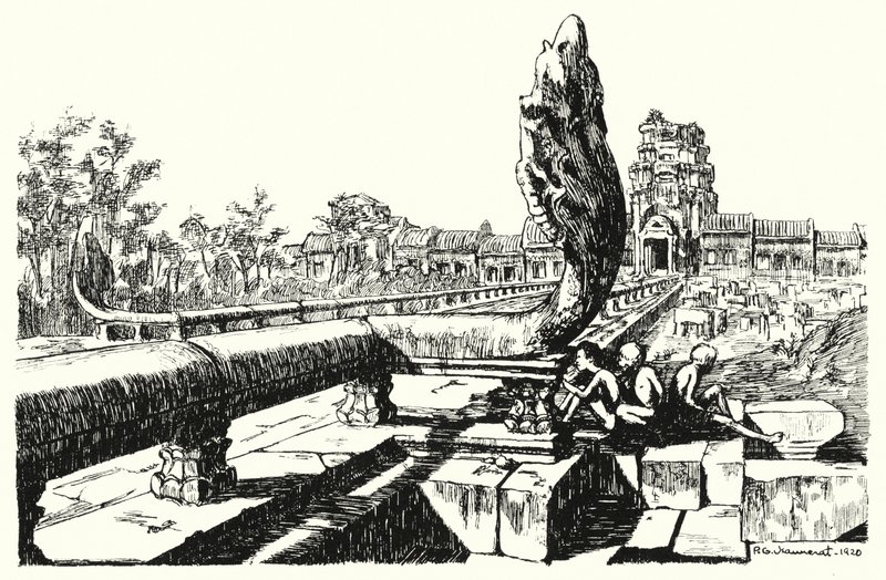 No parque de Angkor Vat, as Gopuras Ocidentais (gravura) de Pierre Jeannerat de Beerski