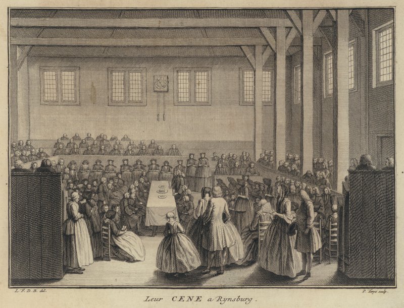 Ceia do Senhor numa igreja colegial em Rijnsburg, Holanda (gravura) de Pierre Tanje