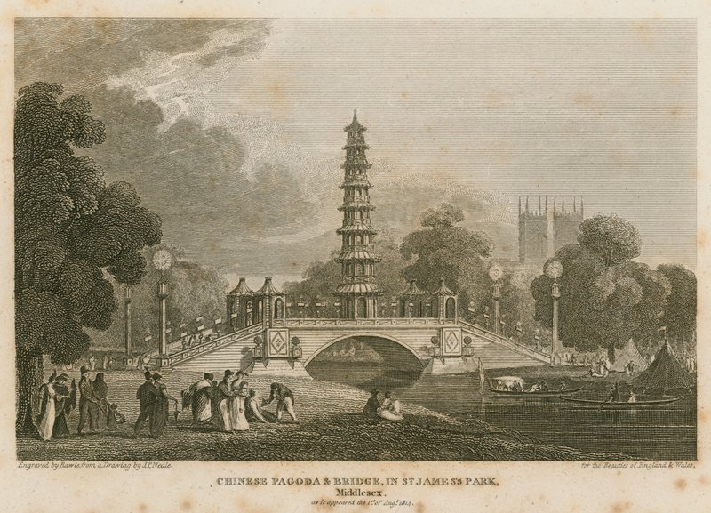 O pagode e a ponte chineses foram erigidos sobre o canal no Parque de St. James, em 1 de agosto de 1814. de Pieter Jansz. Quast