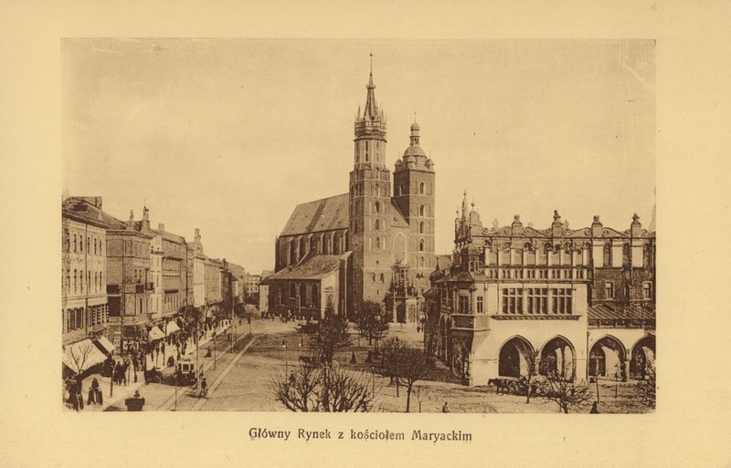 Cracóvia-Krakau: Praça do Mercado Principal com a Igreja de Santa Maria (fotografia a preto e branco) de Polish Photographer