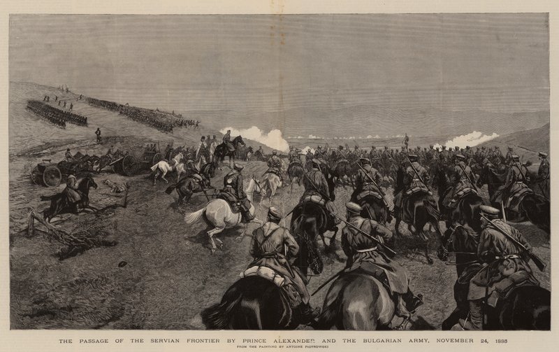 A Passagem da Fronteira da Sérvia pelo Príncipe Alexandre e o Exército Búlgaro, 24 de Novembro de 1885 (gravura) de Polish School
