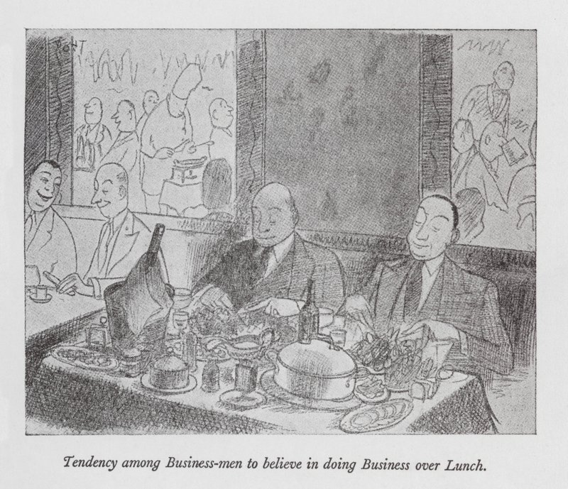 Tendência dos homens de negócios para acreditarem na realização de negócios durante o almoço (litografia) de Pont (1908 40)
