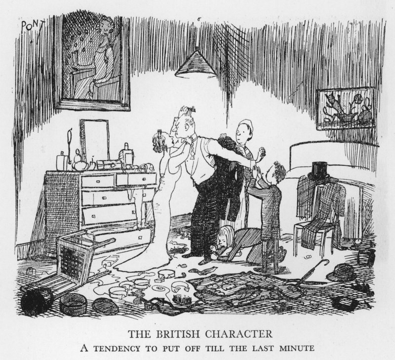 O personagem britânico, Uma tendência para adiar até o último minuto (litho) de Pont