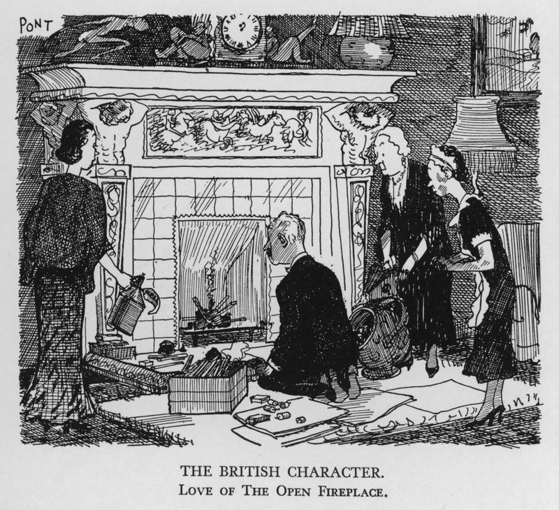 O caráter britânico; amor à lareira aberta (litho) de Pont
