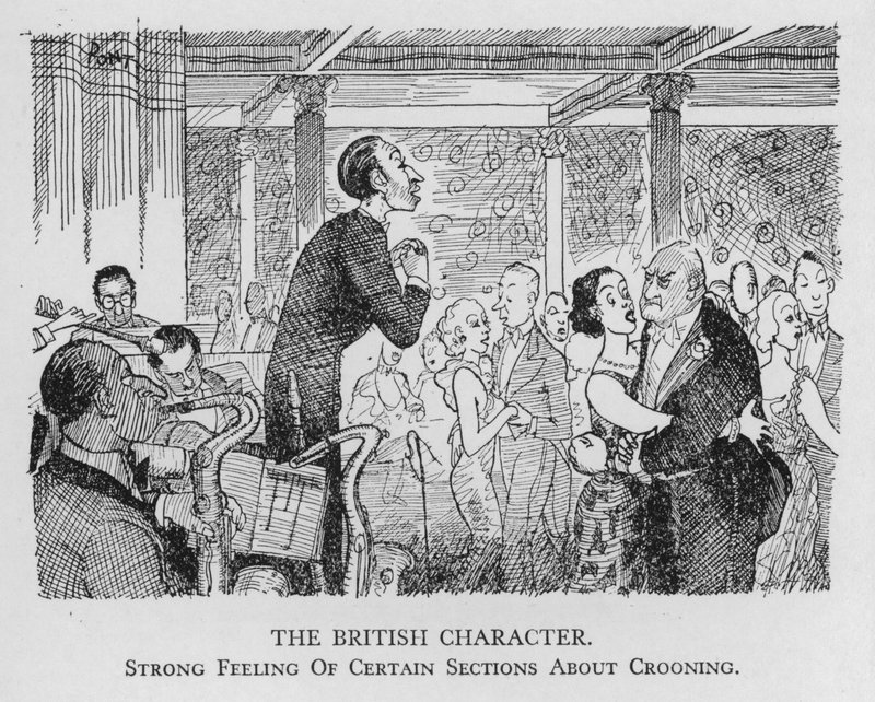 O caráter britânico; forte sentimento de certas seções sobre o crooning (litho) de Pont