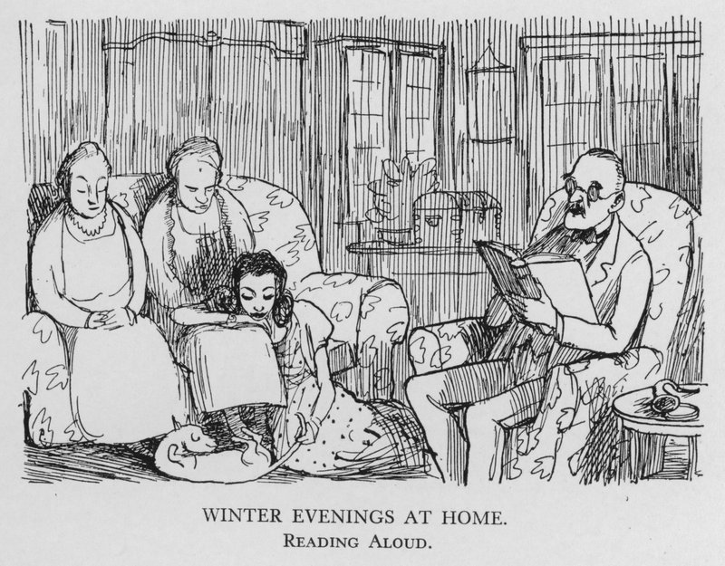 Noites de inverno em casa; leitura em voz alta (litho) de Pont