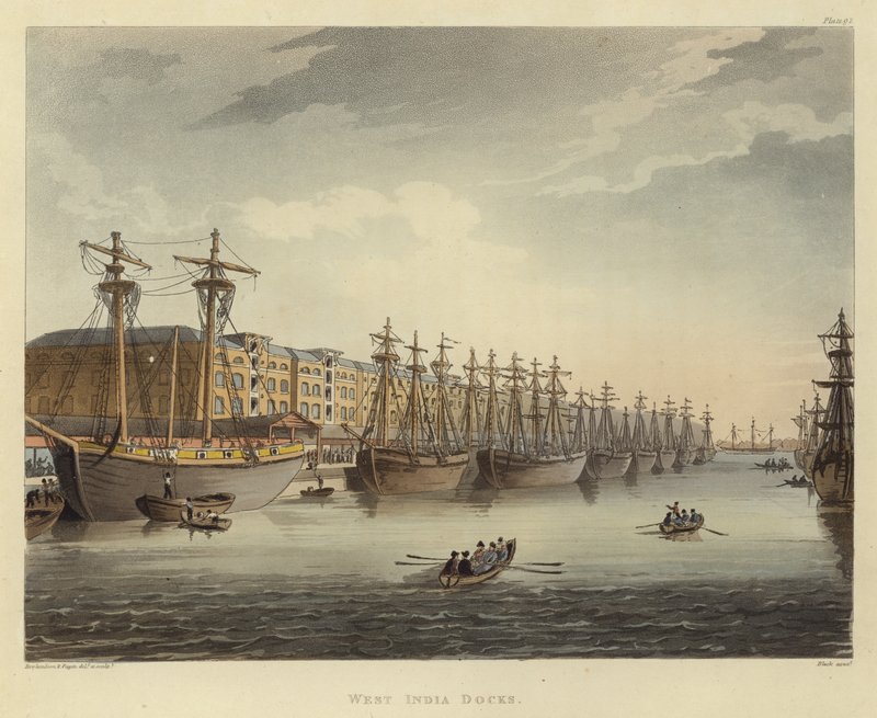 Docas do oeste da Índia de Pugin and Rowlandson