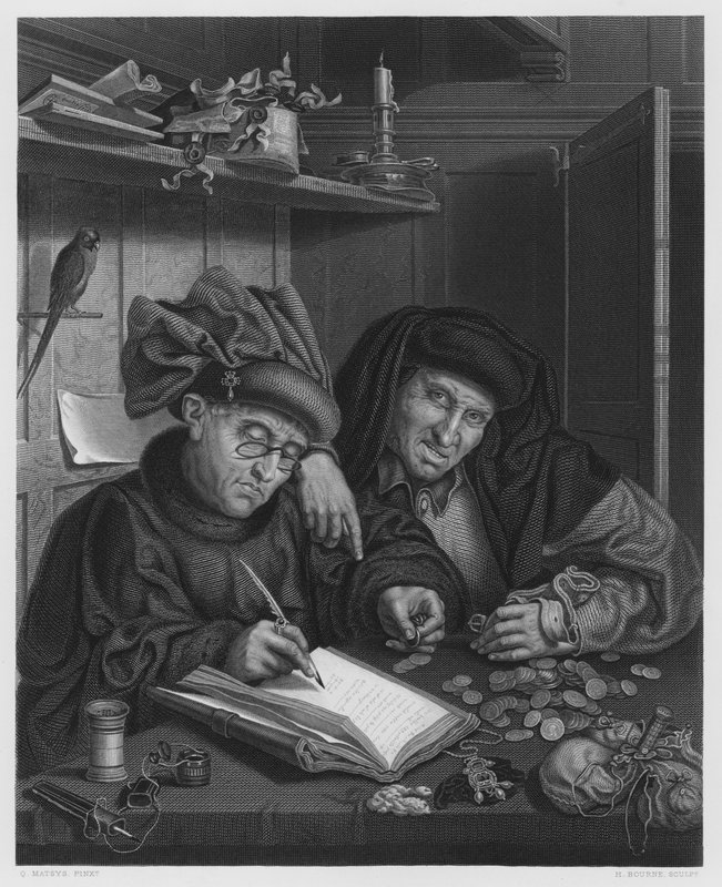Os Misers, da foto da Coleção Real (gravura) de Quentin (after) Massys or Metsys