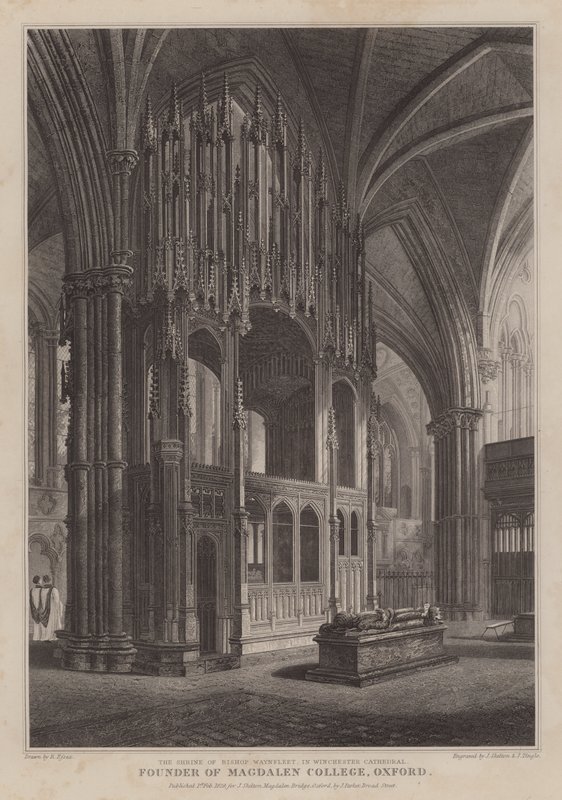 O santuário do Bispo Waynflete, fundador do Magdalen College, Oxford, na Catedral de Winchester (gravura) de R. (after) Essex