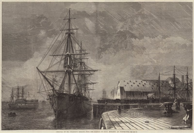 Remoção dos restos do Sr. Peabody da estrada de ferro para o HMS Monarch em Portsmouth de R. Dudley