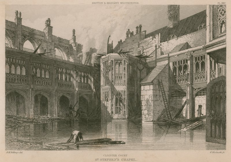 Corte do claustro, capela de Santo Estêvão, após o incêndio de 16 de outubro de 1834 de R. W. Billings